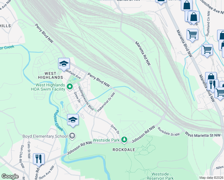 map of restaurants, bars, coffee shops, grocery stores, and more near 1624 Perry Boulevard Northwest in Atlanta
