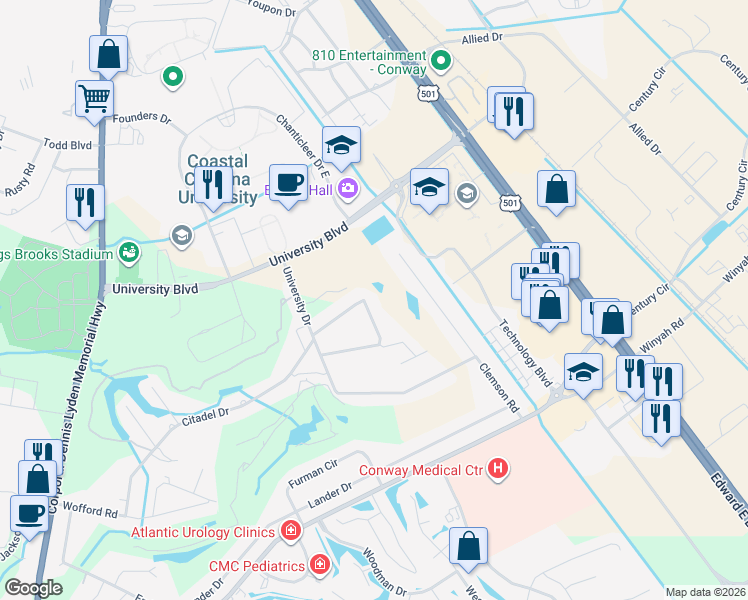 map of restaurants, bars, coffee shops, grocery stores, and more near 117 University Circle in Conway