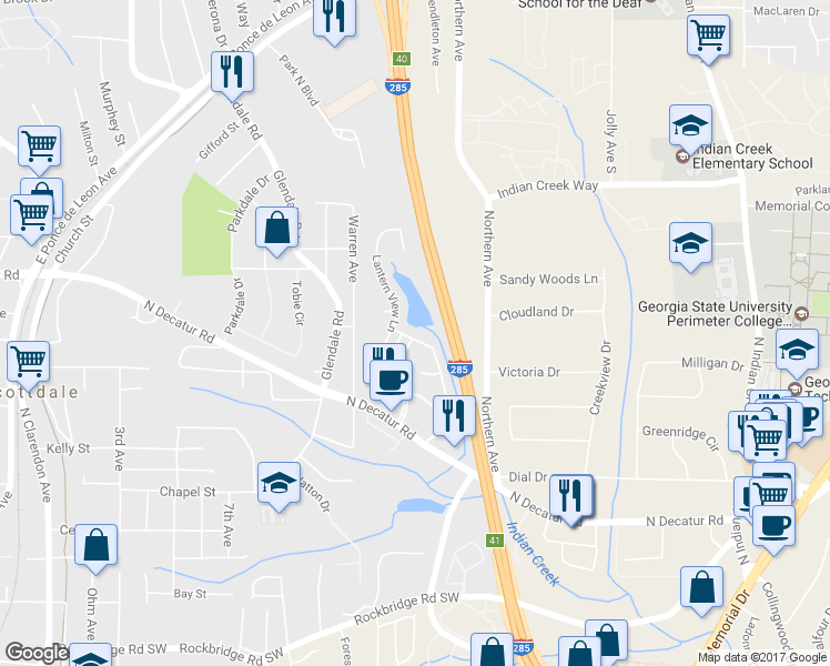 map of restaurants, bars, coffee shops, grocery stores, and more near 577 Lantern Wood Drive in Scottdale