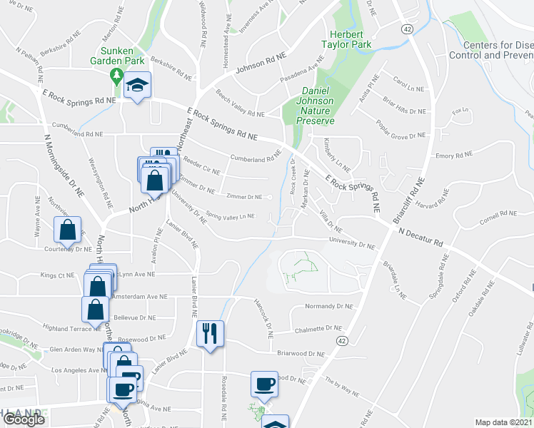 map of restaurants, bars, coffee shops, grocery stores, and more near 1071 Woodbridge Hollow Northeast in Atlanta