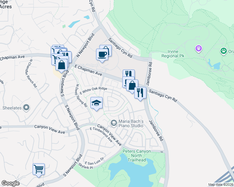 map of restaurants, bars, coffee shops, grocery stores, and more near 8215 East White Oak Ridge in Orange