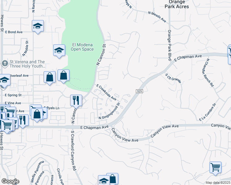 map of restaurants, bars, coffee shops, grocery stores, and more near 5825 East Creekside Avenue in Orange