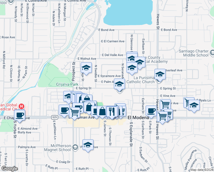 map of restaurants, bars, coffee shops, grocery stores, and more near 3806 East Palm Avenue in Orange