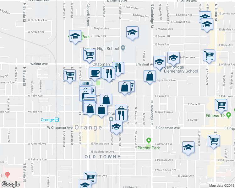 map of restaurants, bars, coffee shops, grocery stores, and more near 324 North Shaffer Street in Orange