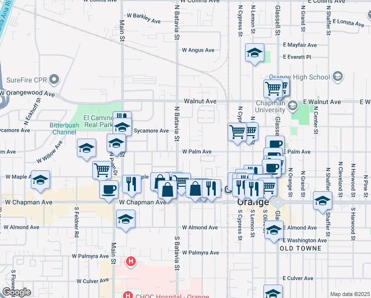 map of restaurants, bars, coffee shops, grocery stores, and more near 320 North Clark Street in Orange