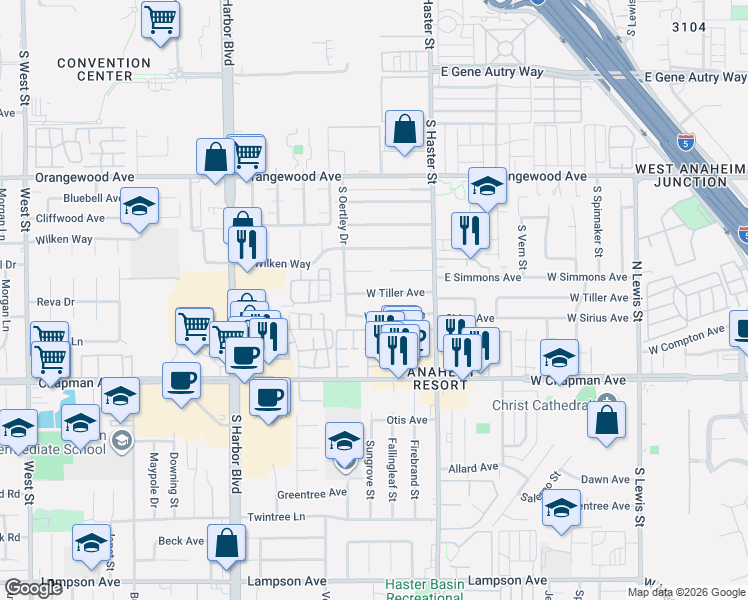 map of restaurants, bars, coffee shops, grocery stores, and more near 219 West Tiller Avenue in Anaheim