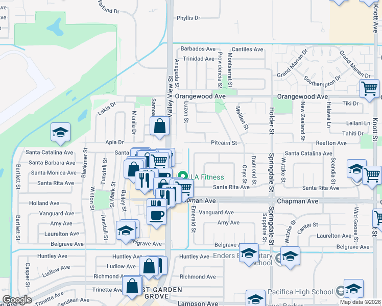 map of restaurants, bars, coffee shops, grocery stores, and more near 6131 Santa Catalina Avenue in Garden Grove