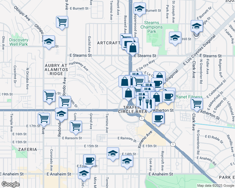 map of restaurants, bars, coffee shops, grocery stores, and more near 4134 East Jacinto Way in Long Beach