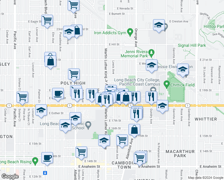 map of restaurants, bars, coffee shops, grocery stores, and more near 1936 Martin Luther King Junior Avenue in Long Beach
