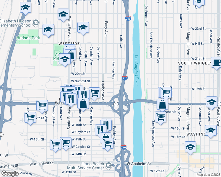 map of restaurants, bars, coffee shops, grocery stores, and more near 1901 Fashion Avenue in Long Beach