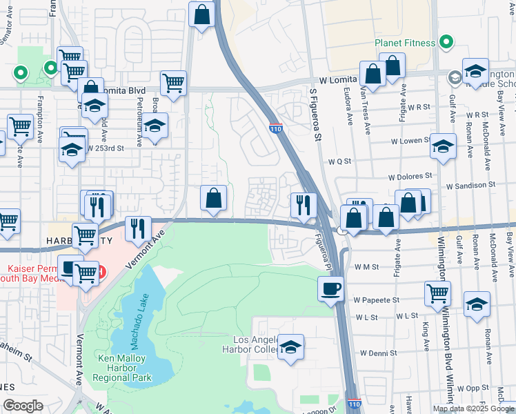 map of restaurants, bars, coffee shops, grocery stores, and more near 1647 West Pacific Coast Highway in Los Angeles