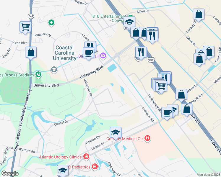 map of restaurants, bars, coffee shops, grocery stores, and more near 117 University Circle in Conway