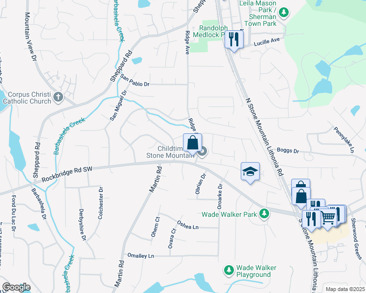 map of restaurants, bars, coffee shops, grocery stores, and more near 5294 Stonebush Terrace in Stone Mountain