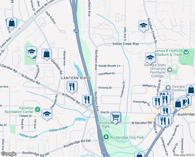 map of restaurants, bars, coffee shops, grocery stores, and more near 561 Northern Avenue in Stone Mountain