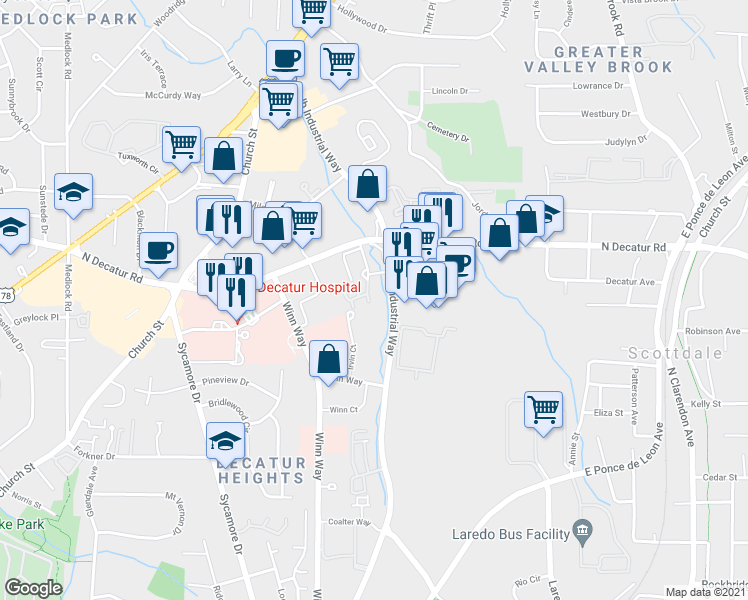 map of restaurants, bars, coffee shops, grocery stores, and more near 1102 Stratford Commons in Decatur