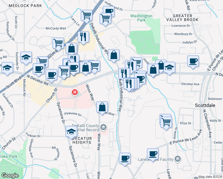 map of restaurants, bars, coffee shops, grocery stores, and more near 3408 Stratford Commons in Decatur