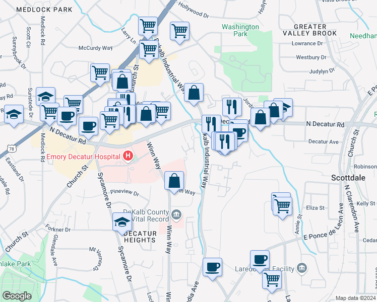 map of restaurants, bars, coffee shops, grocery stores, and more near 1102 Stratford Commons in Decatur