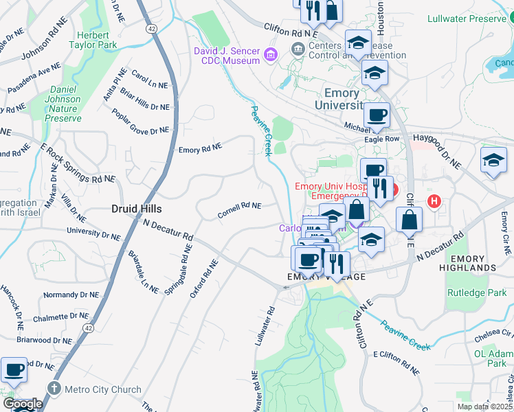 map of restaurants, bars, coffee shops, grocery stores, and more near 1460 Cornell Road Northeast in Atlanta