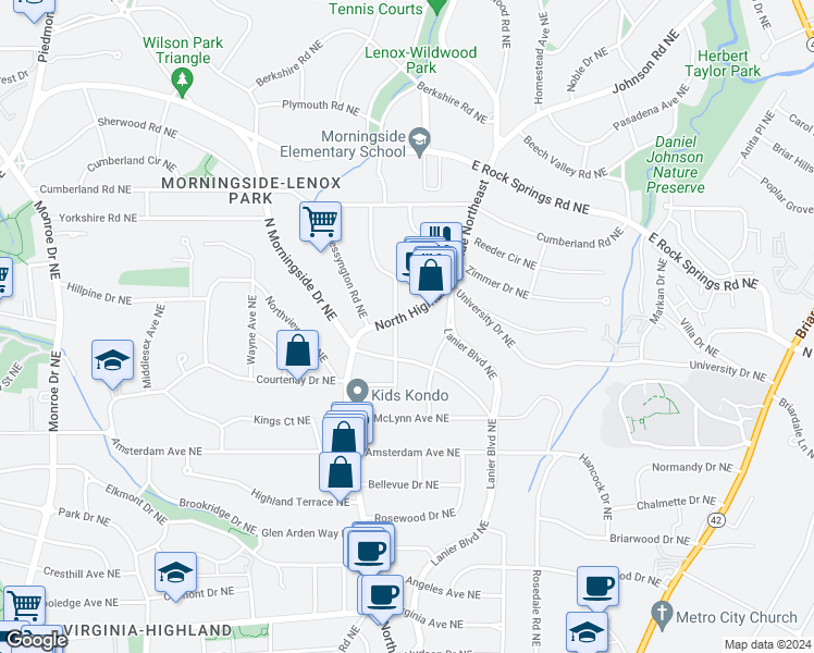 map of restaurants, bars, coffee shops, grocery stores, and more near 1356 North Highland Avenue Northeast in Atlanta