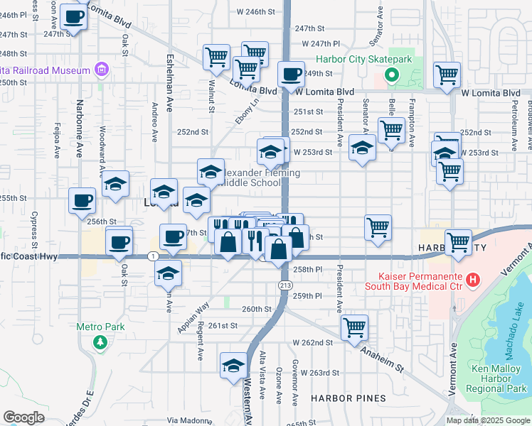 map of restaurants, bars, coffee shops, grocery stores, and more near 1733 256th Street West in Lomita