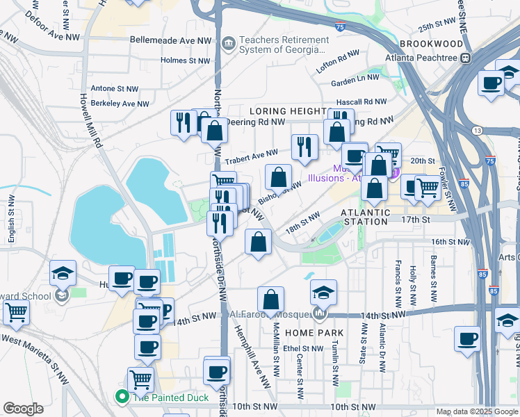 map of restaurants, bars, coffee shops, grocery stores, and more near 404 Bishop Street Northwest in Atlanta
