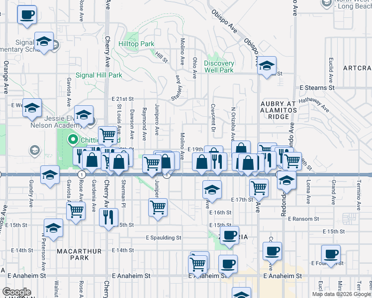 map of restaurants, bars, coffee shops, grocery stores, and more near 2601 East 19th Street in Signal Hill
