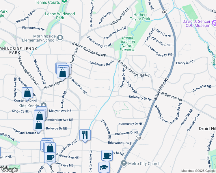 map of restaurants, bars, coffee shops, grocery stores, and more near 1071 Woodbridge Hollow Northeast in Atlanta