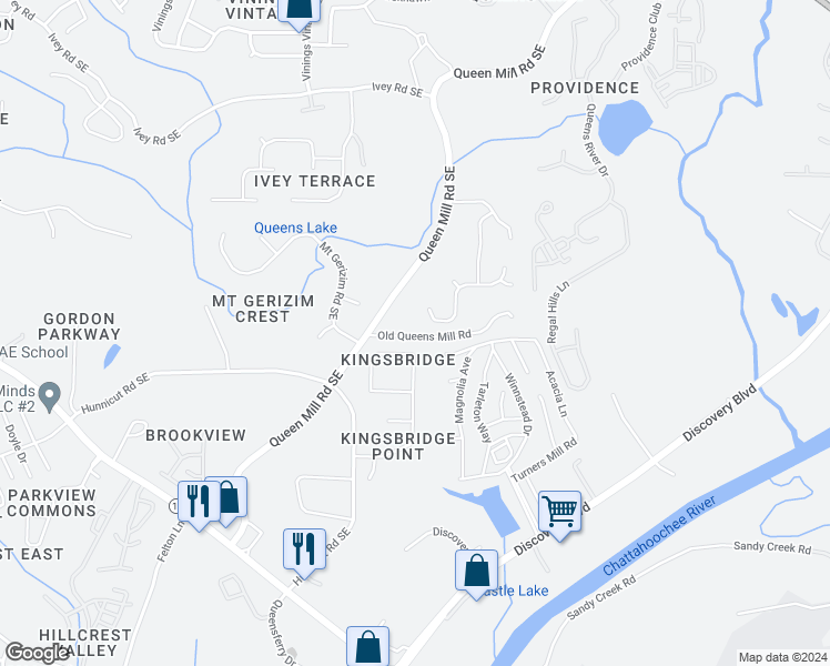 map of restaurants, bars, coffee shops, grocery stores, and more near 6597 Queen Mill Road Southeast in Mableton