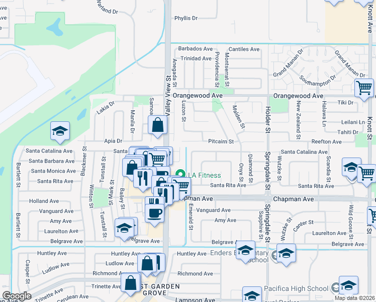map of restaurants, bars, coffee shops, grocery stores, and more near 6131 Santa Catalina Avenue in Garden Grove