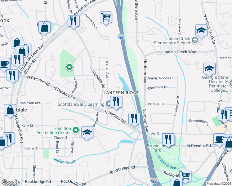 map of restaurants, bars, coffee shops, grocery stores, and more near 3702 Lantern Ridge Cove in Scottdale