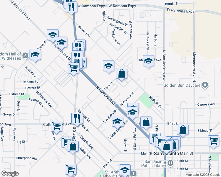 map of restaurants, bars, coffee shops, grocery stores, and more near 137 Tiger Lane in San Jacinto