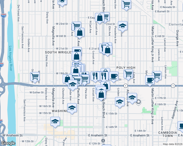 map of restaurants, bars, coffee shops, grocery stores, and more near 1916 Locust Avenue in Long Beach
