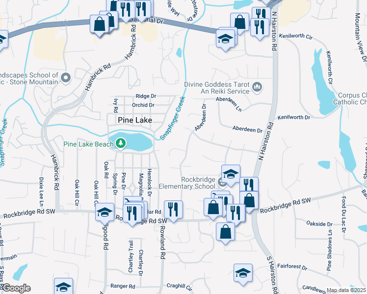 map of restaurants, bars, coffee shops, grocery stores, and more near 4598 Plum Orchard Lane in Stone Mountain