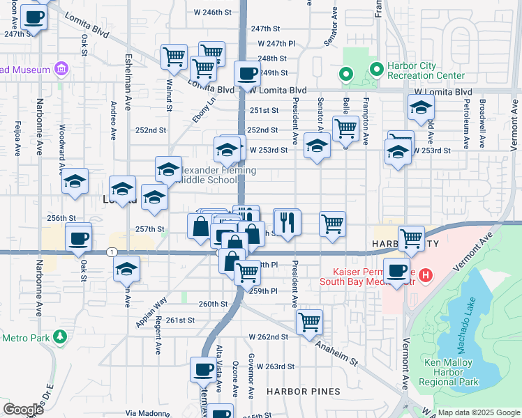 map of restaurants, bars, coffee shops, grocery stores, and more near 1661 256th Street West in Los Angeles