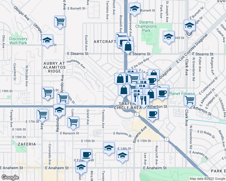map of restaurants, bars, coffee shops, grocery stores, and more near 4134 East Jacinto Way in Long Beach