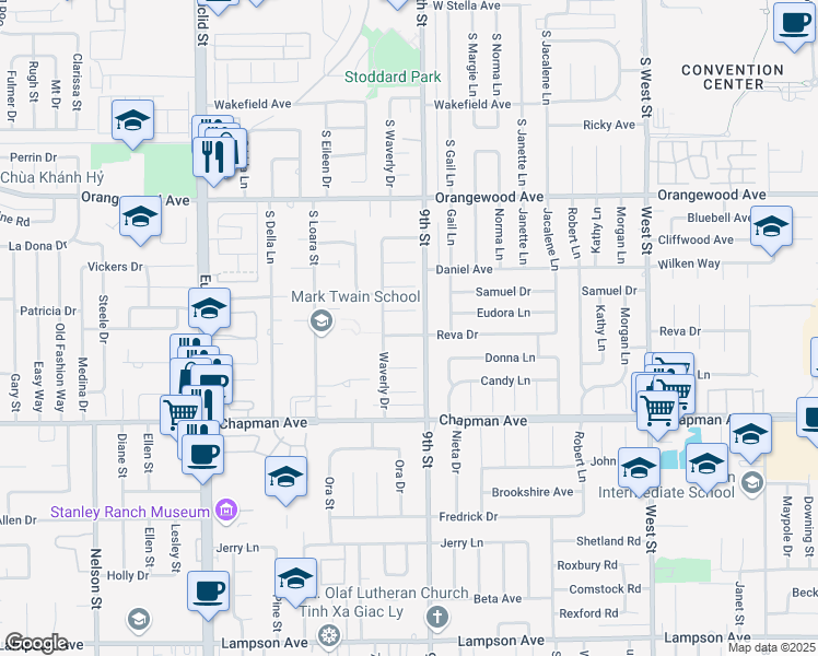 map of restaurants, bars, coffee shops, grocery stores, and more near 11451 Reva Drive in Garden Grove