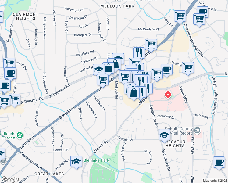 map of restaurants, bars, coffee shops, grocery stores, and more near 1457 Scott Boulevard in Decatur