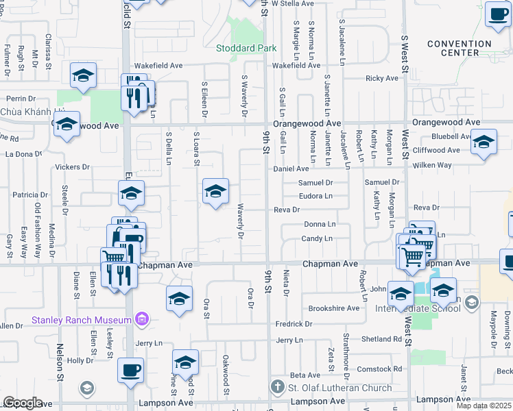 map of restaurants, bars, coffee shops, grocery stores, and more near 11451 Reva Drive in Garden Grove