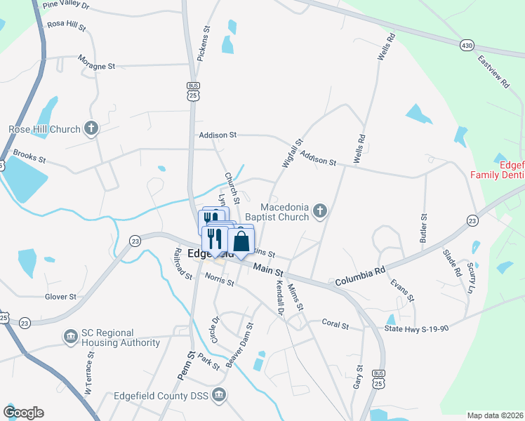 map of restaurants, bars, coffee shops, grocery stores, and more near 305 Wigfall Street in Edgefield