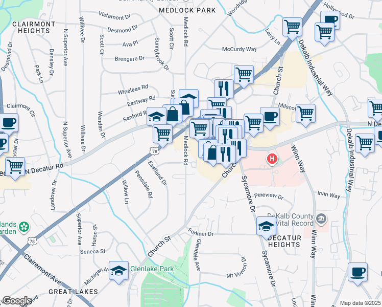 map of restaurants, bars, coffee shops, grocery stores, and more near 539 Medlock Rd in Decatur