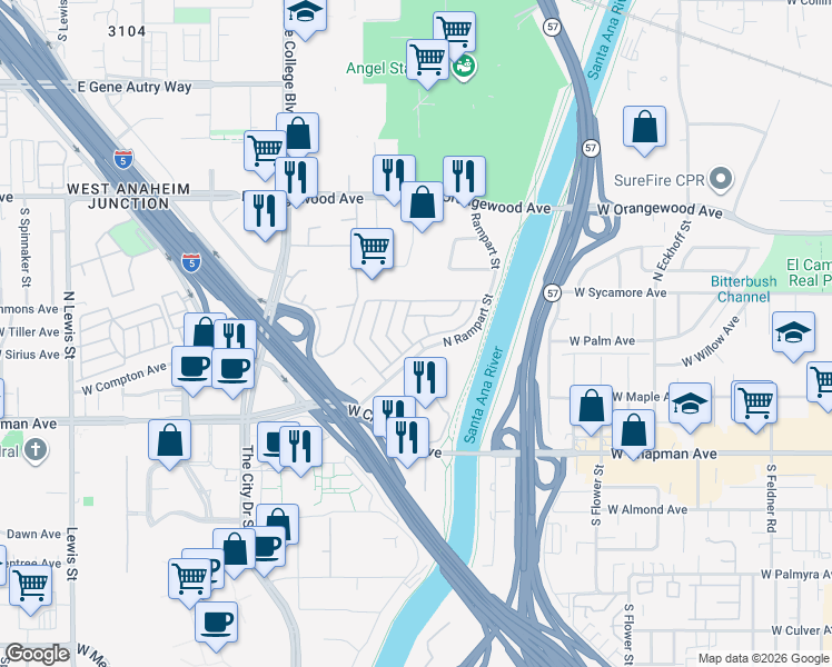 map of restaurants, bars, coffee shops, grocery stores, and more near 300 North Rampart Street in Orange
