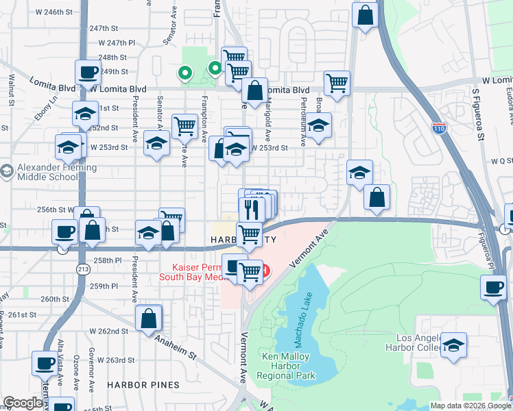 map of restaurants, bars, coffee shops, grocery stores, and more near 1120 256th Street West in Los Angeles