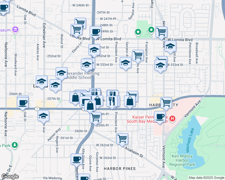 map of restaurants, bars, coffee shops, grocery stores, and more near 1609 256th Street in Los Angeles