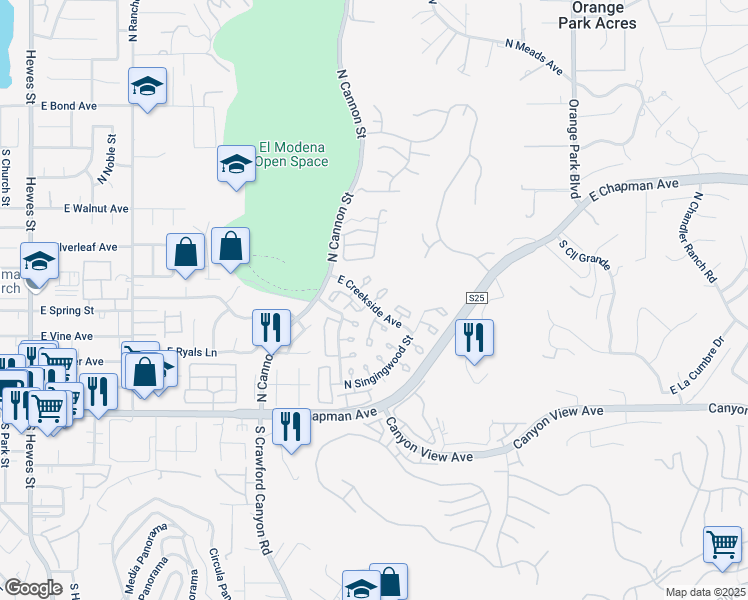 map of restaurants, bars, coffee shops, grocery stores, and more near 5825 East Creekside Avenue in Orange