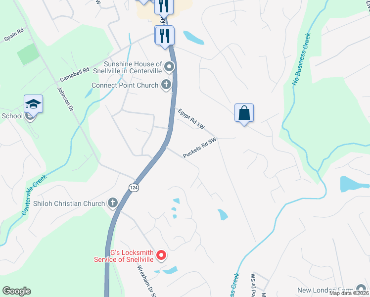 map of restaurants, bars, coffee shops, grocery stores, and more near 3975 Pucketts Road in Snellville