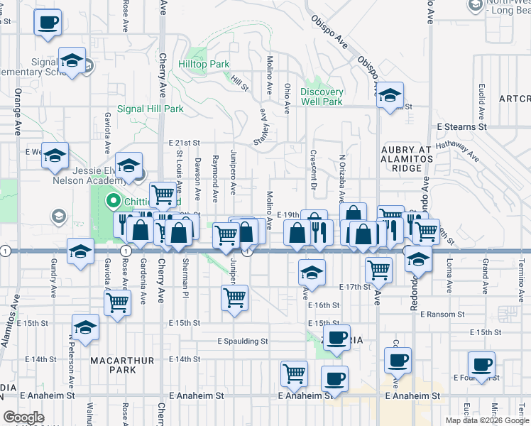 map of restaurants, bars, coffee shops, grocery stores, and more near 2575 East 19th Street in Signal Hill