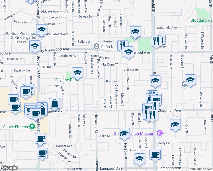 map of restaurants, bars, coffee shops, grocery stores, and more near 11762 Gary Street in Garden Grove
