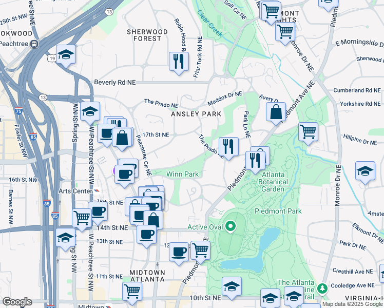 map of restaurants, bars, coffee shops, grocery stores, and more near 96 Westminster Drive Northeast in Atlanta