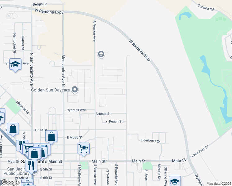 map of restaurants, bars, coffee shops, grocery stores, and more near 585 Directo Drive in San Jacinto