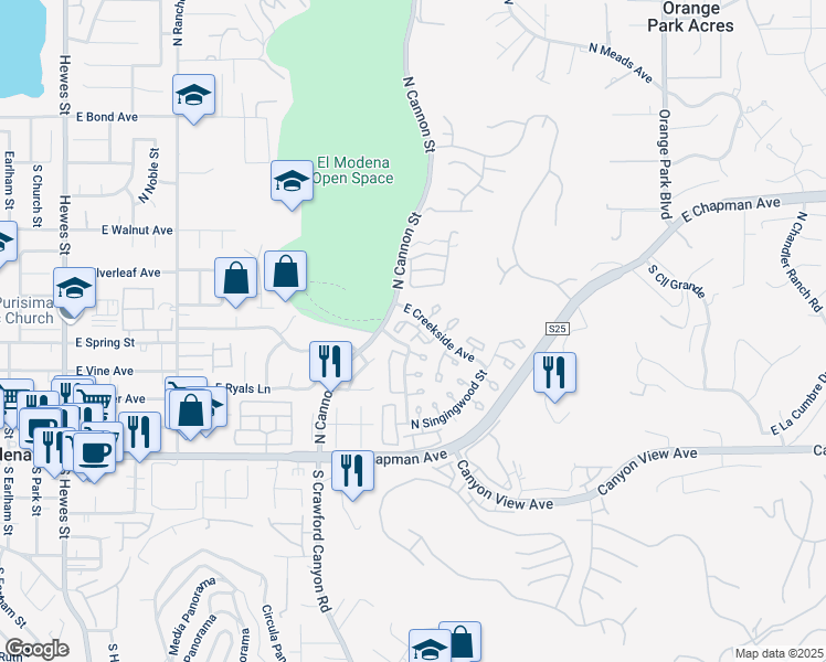 map of restaurants, bars, coffee shops, grocery stores, and more near 5744 East Creekside Avenue in Orange